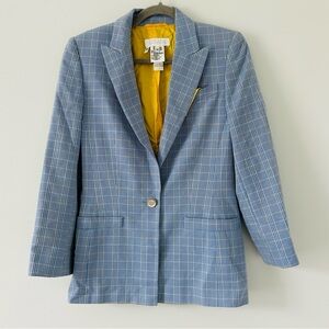 Vintage Escada Light Blue Yellow Plaid Single Button Wool Silk Blazer Jacket 36
